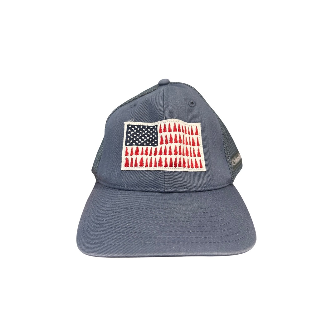 Columbia Mesh Back Trucker Hat Blue‎ American Flag Pine Tree Patch L/XL CU0123